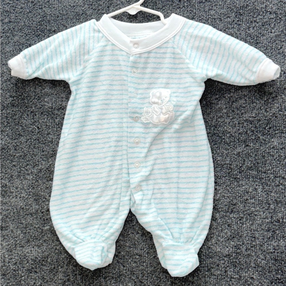 BabyGro Sleeper Kids Small 0-3 Blue White Striped Bear Terry Cloth Vintage 90s
